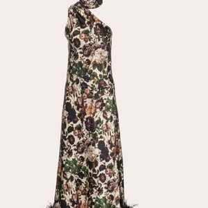 Vasiliki Atelier Black Liya Asymmetric Silk Maxi Dress W/ Faux Feather Boa